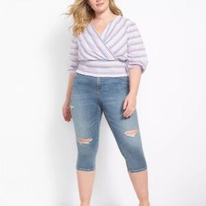 Lane Bryant 3/4 Sleeve Surplice Neck Smocked Striped Wrap Blouse Size 22